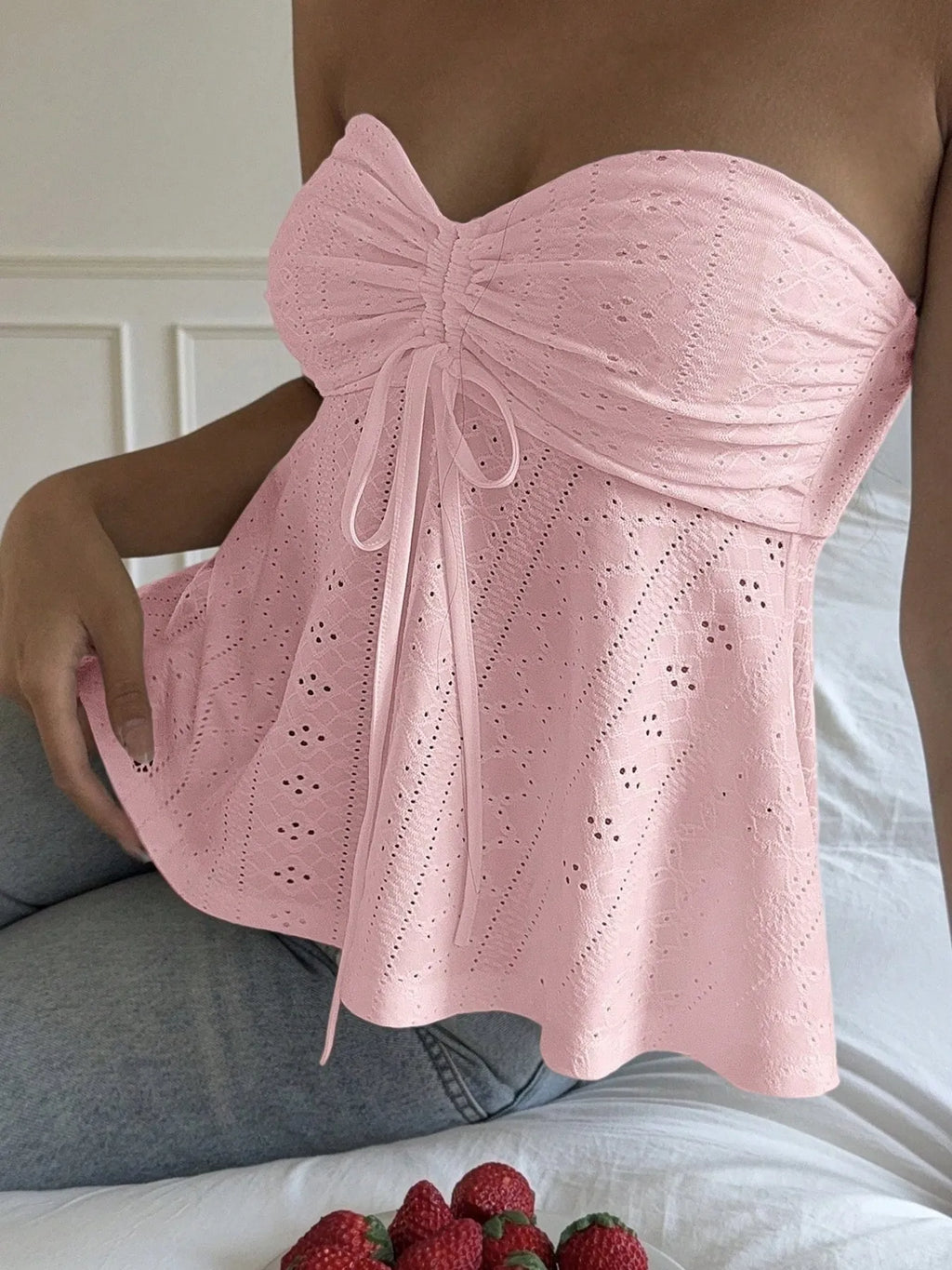 Eyelet Ruched Tube Top